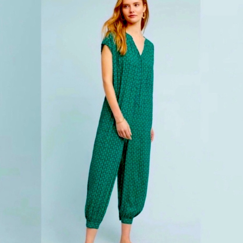 Maeve Anthropologie Geoscope Green Blue Jumpsuit Size XS